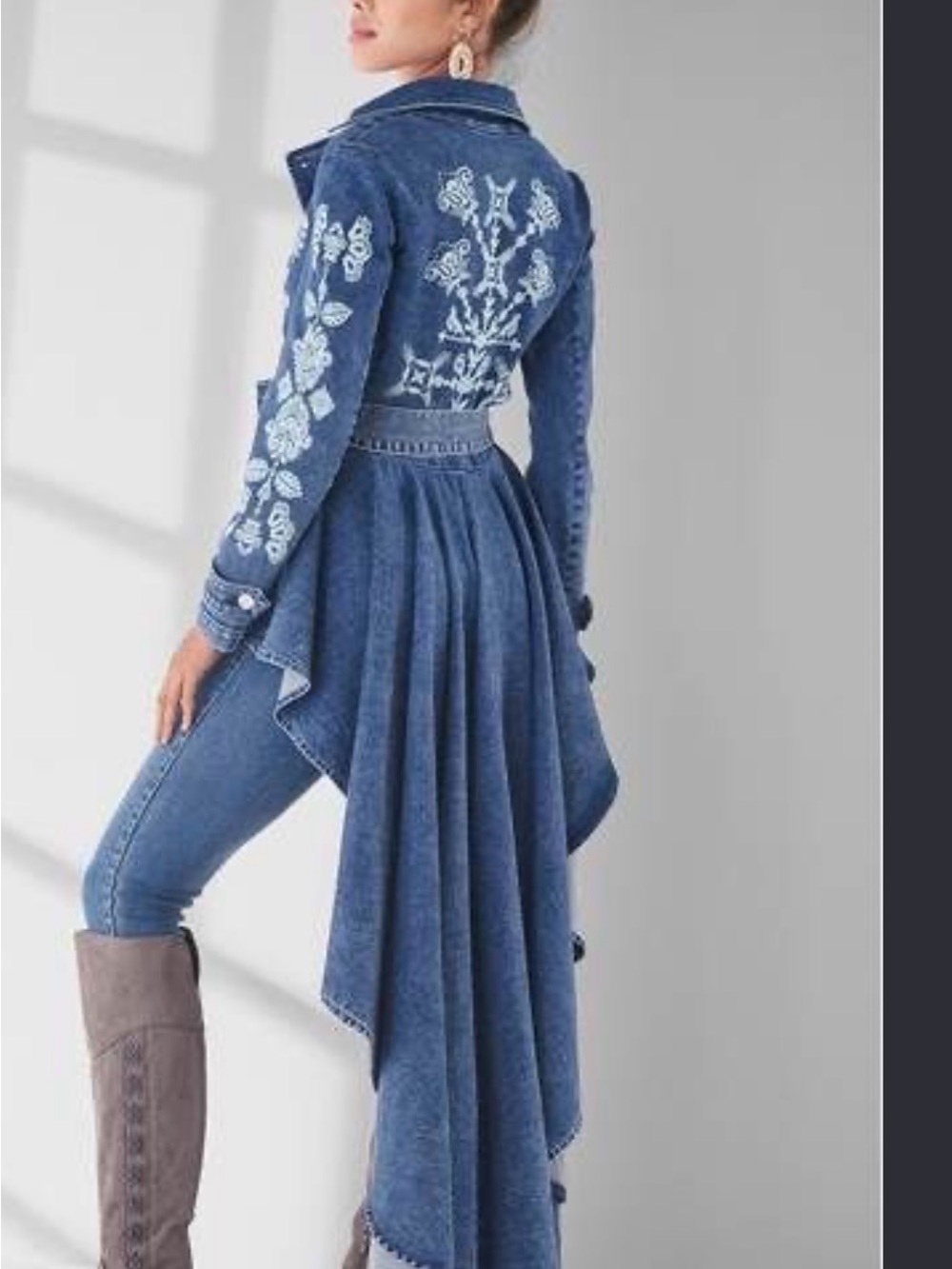 VENUS Blue Embroidered Denim Asymmetrical High-Low Dress Jacket